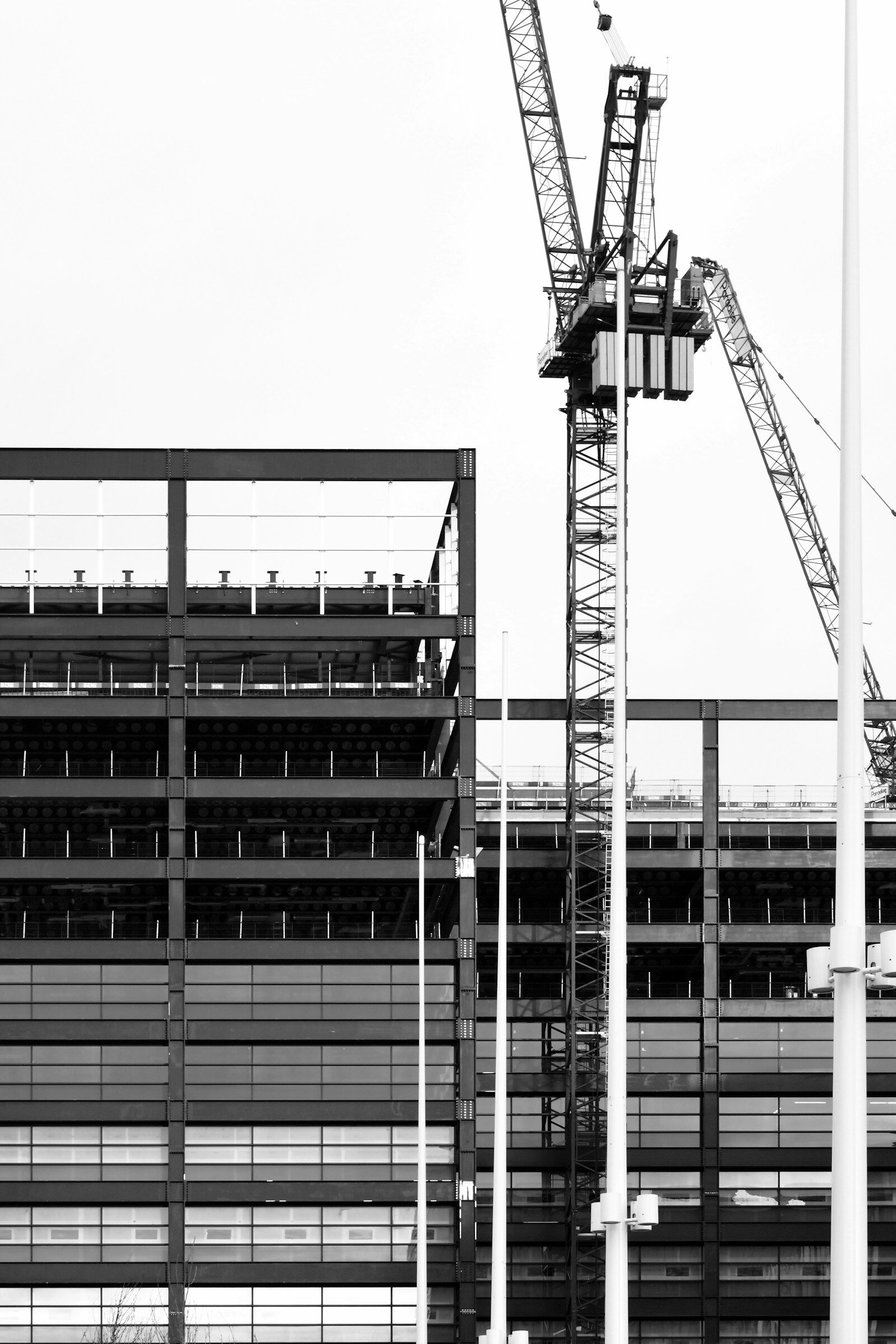 A tower crane beside the steel and concrete frame of a building under construction